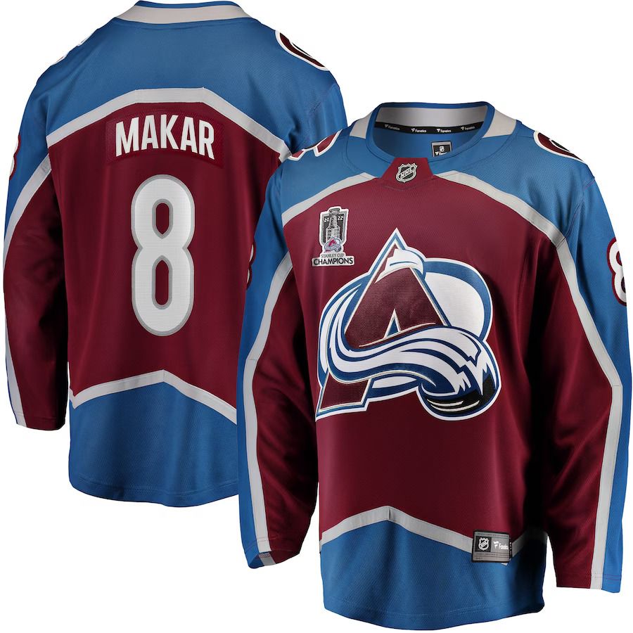 Men Colorado Avalanche 8 Cale Makar Fanatics Branded Burgundy 2022 Stanley Cup Champions Breakaway Patch Player NHL Jersey
